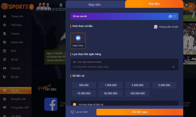 Rút tiền Vsport qua ngân hàng